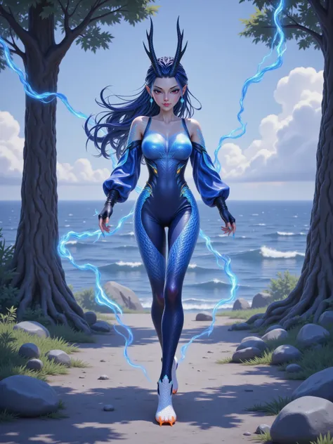 Aorun neon tracksuit blurs along the seaside path, hair-tip sparks igniting ozone scent. Molten dragon-claw marks smolder where she sprints, Bluetooth earpods streaming thunderstorm sonics. Puddle droplets freeze into levitating lightning halos as she leap...