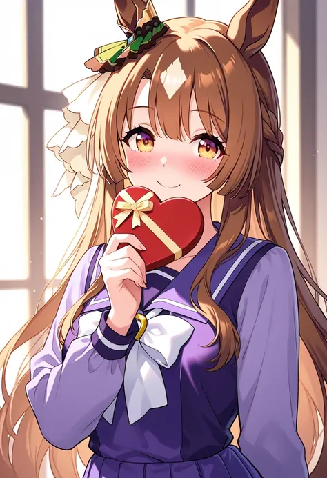  Uma Musume、 Satono Diamond、Blushing while wearing , I shyly hand over Valentine's chocolates、smile,, Best quality, best quality 