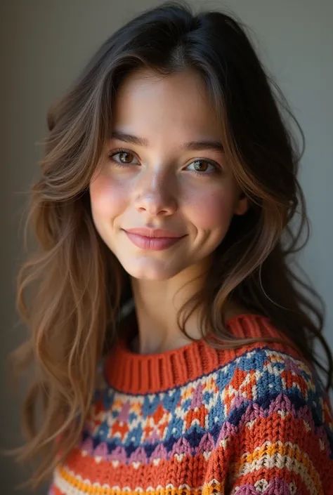  A girl of about 18 years old , ,  slightly wavy brown hair ,  eyes brown,  , with a colored knitted sweater, that looks like a real person 