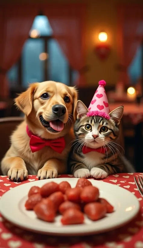 Scene: A dog wearing a bowtie and a cat with a cute Valentine’s hat, sitting at a fancy dinner table with a plate of pet food.
Background: A cozy restaurant with heart decorations and a candlelit table.
Mood: Funny and adorable, making viewers smile and wa...