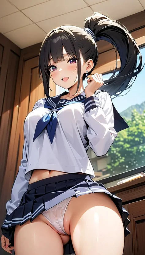 ( beautiful girl : 1.3), 1 girl,( sailor suit, Long Sleeve, miniskirt, earrings, pure white underwear, vulva), black hair, ponytail,smile, is bashful,blush,classroom, taken from below,masterpiece, top quality, ultra high resolution, rich contrast, high ima...