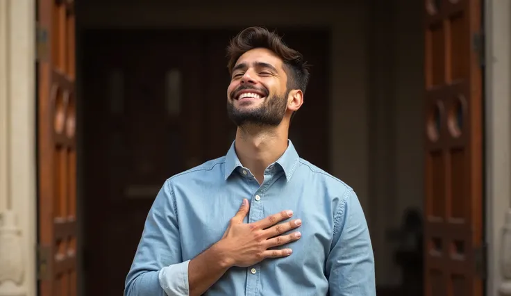 Hands Over Heart, Slightly Smiling in Faith
Pose: A confident yet humble posture, with one hand placed over his heart while he slightly smiles, eyes closed, as if experiencing divine peace.
Outfit: A casual but stylish button-up shirt, sleeves rolled up, e...