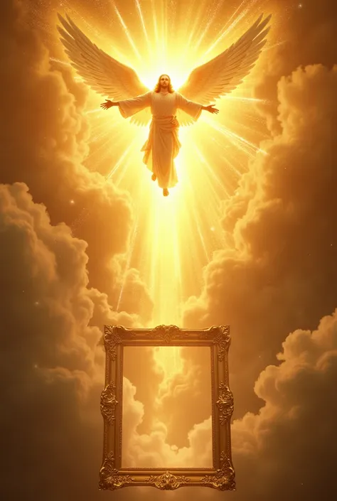 Create a yellow glittering background with Jesus and angels blessing from the sky above it and create a photo frame below it. 