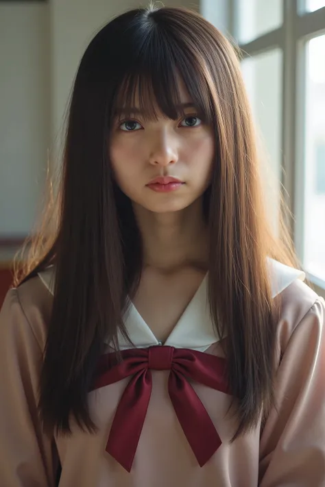 high resolution photograph,8k,masterpiece,best quality, detailed description, photo-realistic, Intricate details, natural lighting,1girl,Asuka,long hair, school uniform,looking at viewer,from front,classroom, She has a pouting face,
