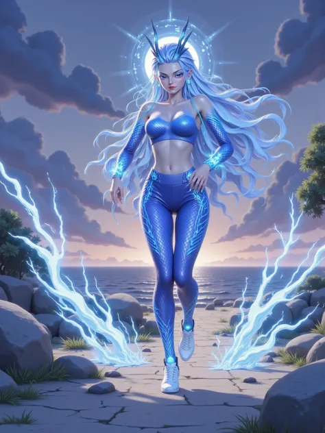 Aorun neon tracksuit blurs along the seaside path, hair-tip sparks igniting ozone scent. Molten dragon-claw marks smolder where she sprints, Bluetooth earpods streaming thunderstorm sonics. Puddle droplets freeze into levitating lightning halos as she leap...