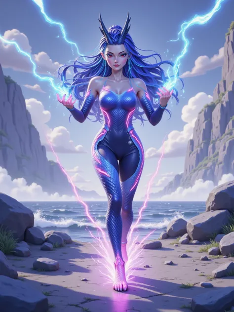 Aorun neon tracksuit blurs along the seaside path, hair-tip sparks igniting ozone scent. Molten dragon-claw marks smolder where she sprints, Bluetooth earpods streaming thunderstorm sonics. Puddle droplets freeze into levitating lightning halos as she leap...