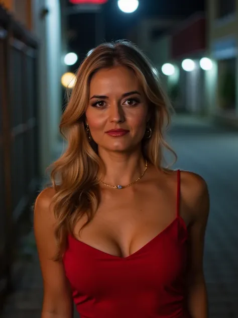 (auTorretra.To, from above:1.4), (half body postrait:1.4), RAW uhd portrait phoTo of a 24-year-old blonde (blue-eyed woman)  kneeling in a dark alley , natural breasts_b, nighttime city background, ( red dress), ( neckline ),  Detailed (texturas!, hair!, S...