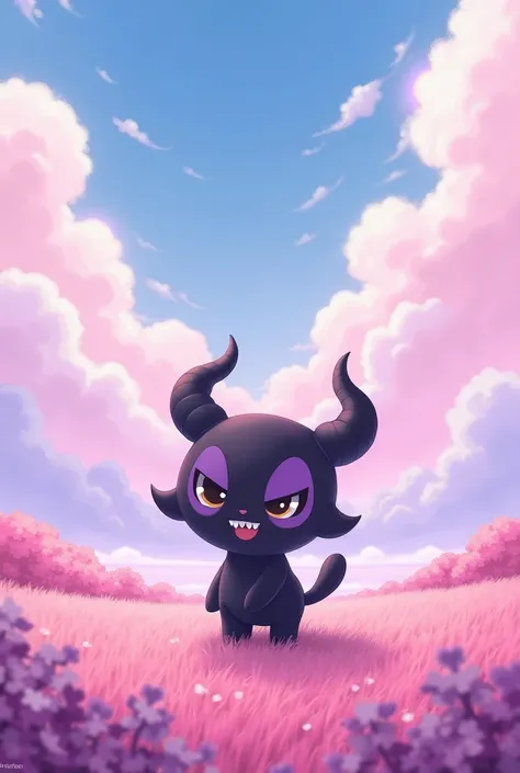 Generate an image of Kuromi against a background of a landscape of pink tones where you can see very beautiful clouds