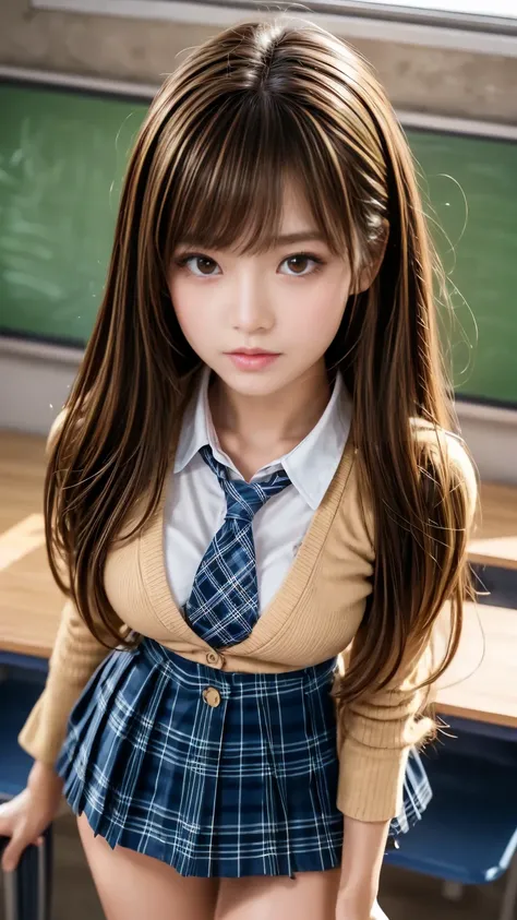 Product quality, in the seat,(Well-balanced),( taken from below:1.4),( Highlight Thighs:1.4),Young and cute Japanese women, orbital space, ( high school classroom :1.2),High School Girl Uniform , shirt, tie, Cardigan, blazer, ( ultra short blue plaid micro...