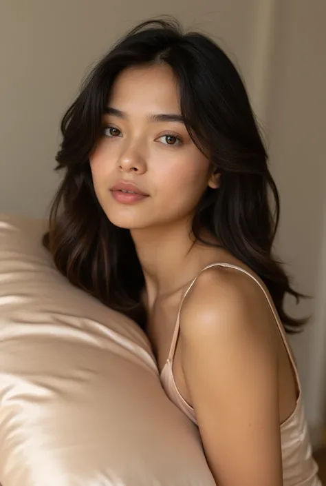 Black gloss々 wavy hair  ,  has a large rectangular silk pillow in soft beige tones ,   It features a smooth, shiny silk texture and elegant highlights、Woman wearing a silk camisole 、 hazel colored eyes staring at me 、 Woman staring at me with a soft, gentl...