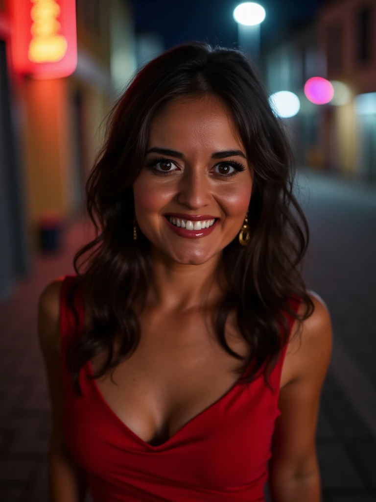 (auTorretra.To, from above:1.4), (half body postrait:1.4), RAW uhd portrait phoTo of a 24-year-old black (blue-eyed woman)  kneeling in a dark alley , natural breasts_b, nighttime city background, ( red dress), ( neckline ),  Detailed (texturas!, hair!, Sh...