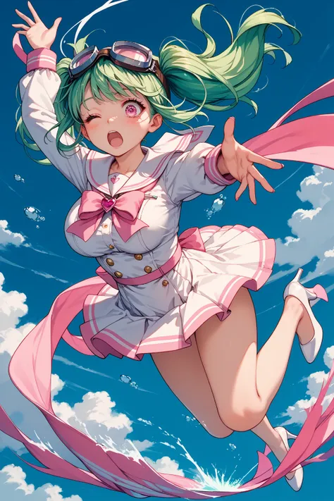 score_9, score_8_up , score_7_up ,source_anime,1cute girl, EMERALD hair,  pattern 、 twin tails,  pink ribbon on the upper body, cute smiles , Large breasts,  cute white sailor suit with pink lines, miniskirt, pink eyes,one eye closed, white high heels, and...