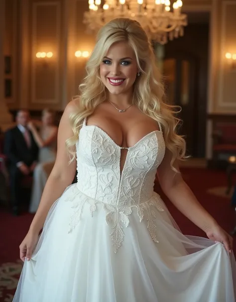 age 38, chubby sexy milf, blue eyes,( Masterpiece, 4k resolution, ultra-realistic, very detailed) platinum blonde hair, long blonde hair, bride, wearing a long white wedding dress, professional wedding photo, posing, dramatic lighting, hair done, chandelie...