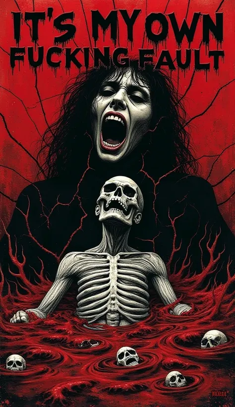 
“A dark, horror-inspired poster for the song It’s My Own Fucking Fault. The background is deep blood-red with black and white contrasts. A ghostly, skeletal figure is drowning in a sea of blood, with distorted waves resembling screaming faces. The figure’...