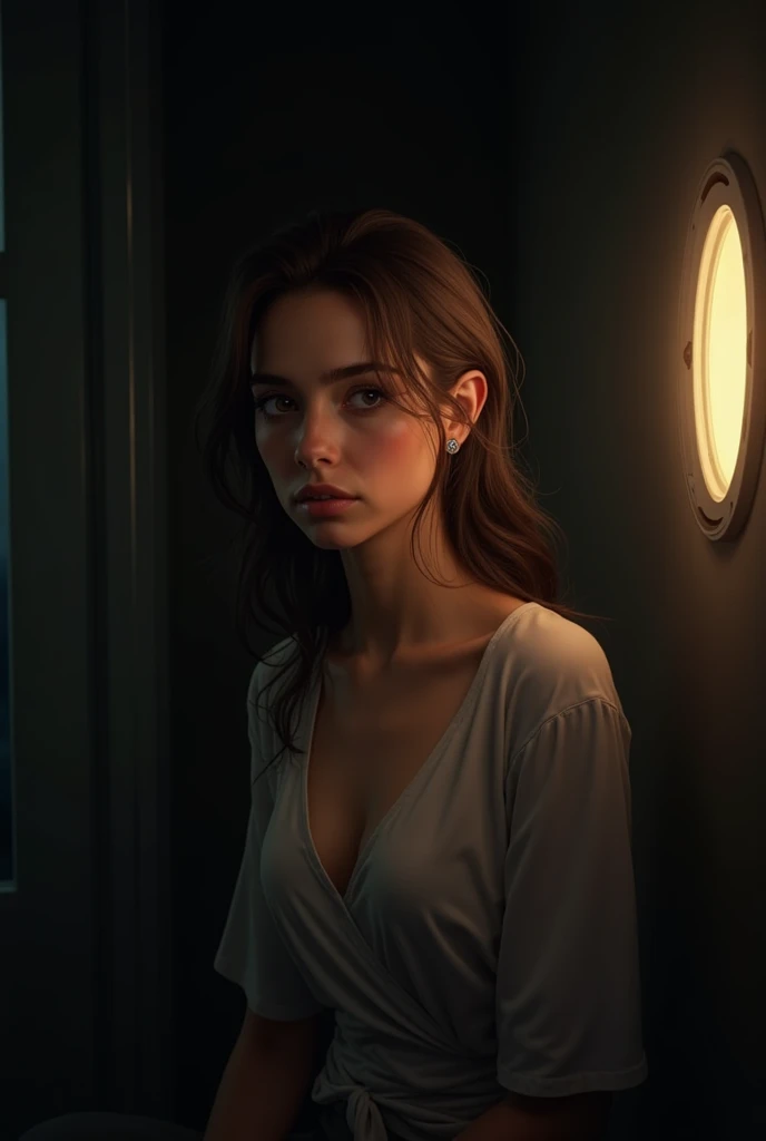  Woman with brown hair in a dark place with only a small light illuminating her face.  almost realistic. The woman is serious  