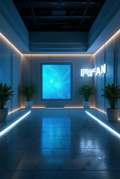 "A futuristic yet elegant 3D-rendered room designed as a presentation backdrop. The walls are made of sleek, high-tech materials, illuminated by soft ambient lighting. A large digital display or holographic screen is positioned at the center, ready for pre...