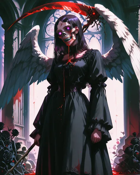 American plane, goth girl,, Skull on her face , black flowers in her hands, blood, standing with a scythe, white wings , roses. bottom: cemetery , crows,