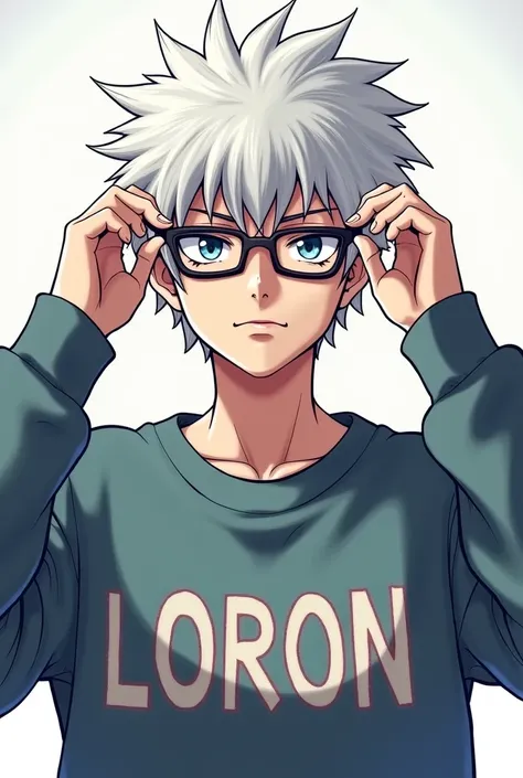 Gojo Satoro from the anime Jujutsu Kaisen raising his glasses a lot, He wears a sweatshirt written LORON 