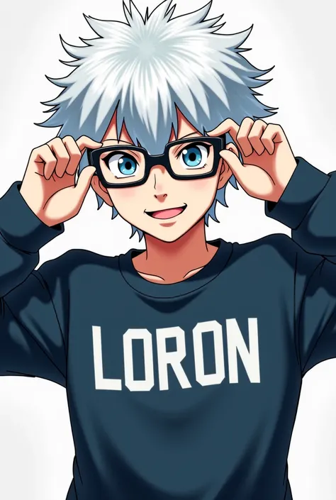 Gojo Satoro from the anime Jujutsu Kaisen raising his glasses a lot, He wears a sweatshirt written LORON 