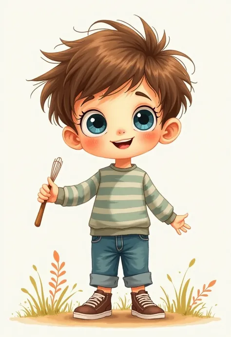 hand drawn cute artstyle, a young boy with brown hair and blue eyes, children artstyle, full body