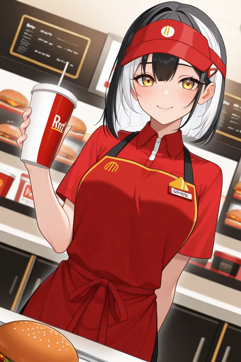 masterpiece, best quality, 1girl, solo, Shi0riN0vella, multicolored hair, white hair, black hair, yellow eyes, single hair ornament, fast food, fast food uniform, red visor cap, collared shirt, long apron, red apron, brand name imitation, holding drink, in...