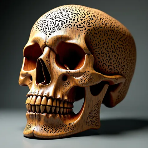 There is a huge wooden skull that has the inscription COOP JEDNOTA on the whole , has intricate patterns and beautiful lettering !COOP JEDNOTA !  made of intricate lace skeleton ,  intricate skeletal decorations , complex digital works of art and the inscr...