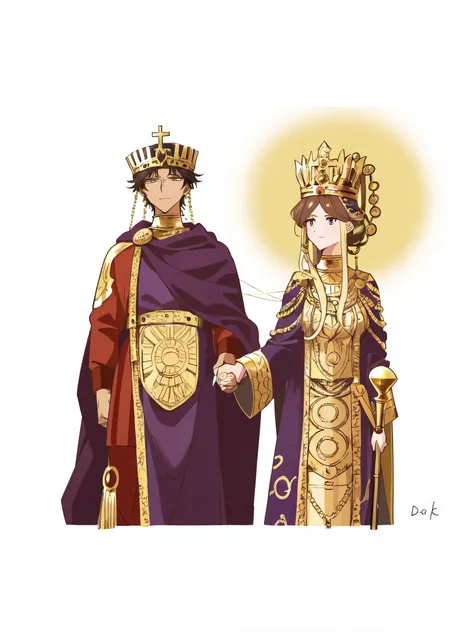 A dark-brown-haired boy and a blonde girl, they both wearing a big cross crown, the boy holding a long double-headed eagle scepter and a purple cloak. They are Emperor and Empress of Byzantine Empire.