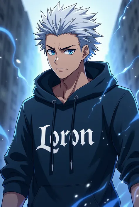 Gojo Satoro from the anime Jujutsu Kaisen he's wearing a hoodie written LORON