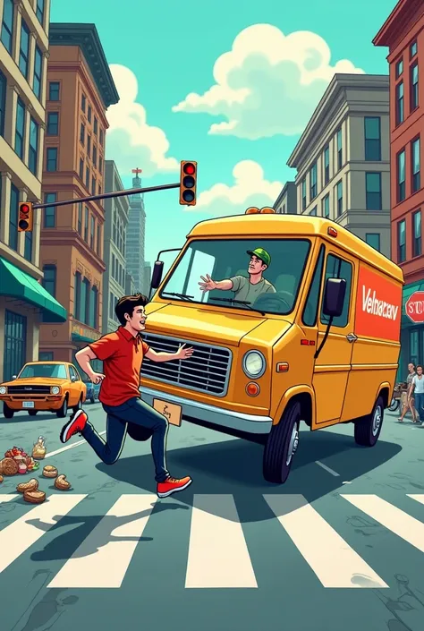 Imagine a delivery driver working for a company. One day, while rushing to deliver a package, he runs a red light and hits a pedestrian. In cartoon format