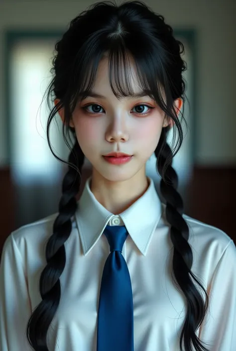 Photo, dark atmosphere, pretty Korean female teenager, big wide blue eyes, wearing white collared shirt, blue necktie, blue school skirt , thin bang, long messy black hair, low twin tail, pale white skin, small lips, master piece, photorealistic, amazingly...