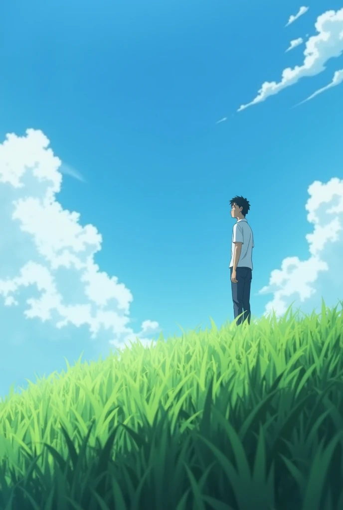 anime scene of a man standing on a grassy hill looking up at the sky, a picture inspired by Tsuruko Yamazaki, tumblr, conceptual art, today's featured anime still, anime still frame, still from tv anime, anime film still, kyoto animation still, anime movie...