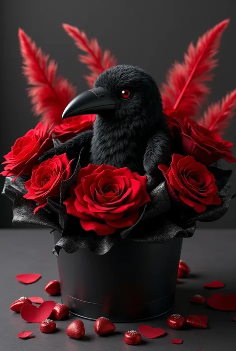  A Valentine's Day present, the package is black with some feathers in red color, a bucket of red and black flowers with black and silver paper. A big crow plushie and some candies