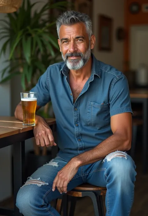 Tall thin Brazilian man with gray hair and a flat beard wearing jeans and blue dress shirt with short sleeve print sitting near a table with a glass of cold beer in his hand posing for the photo 