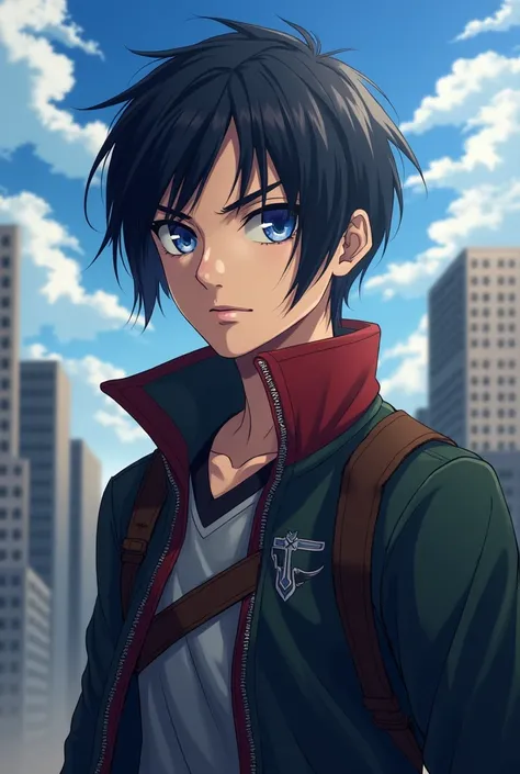 anime character with black hair and blue eyes in a city, portrait of eren yeager, levi ackerman, (attack on titans anime), eren yeager, from attack on titan, eren jaeger, in attack on titan, snk, official art, male anime character, sebastian michaelis, ani...