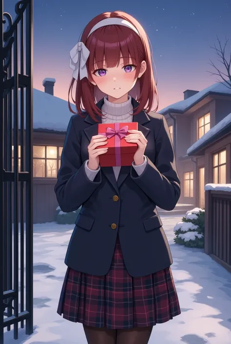 (Angle from the front one girl ) (Winter clothes, blazer, plaid knee-length pleated skirt) (wear black stockings) (In the evening, at the school gate, hand out Valentine's chocolates.)  (looking at the wrapped box) Beautiful anime style portrait, Detailed ...