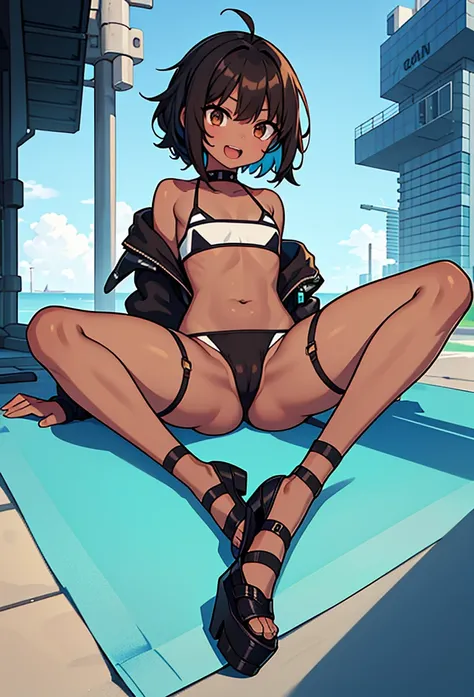 Ten_years_old  girl, Pullover, cyan bikini, whole body to see, open mouth, smile , scream, bob hair ,  messy hair, flat chest, ((fullbody)), platform heels, tanned , ((brown skin)), gun, cyberpunk, soldier girl , black hair, leg garter, Lying down, spread ...