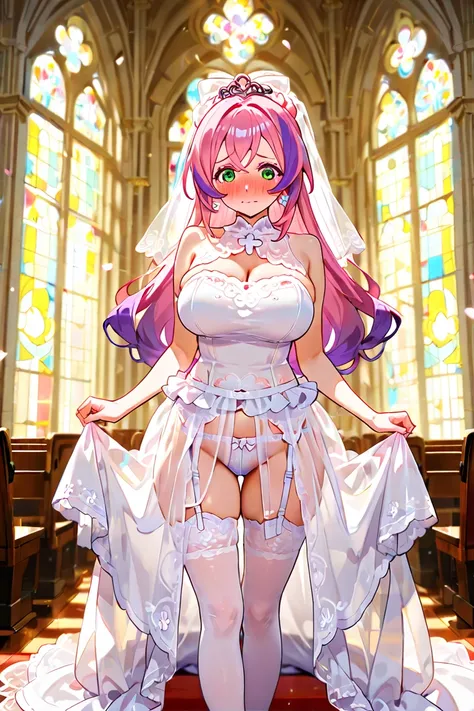 Anatomically correct Bodyline,(Best resolution),(Best image quality),(Character The number of fingers is five),Character One Person.(Wedding dress ninaltteru see-through,skirt that covers the front,wedding veil,garter belt,thigh high stockings,Embarrassed,...