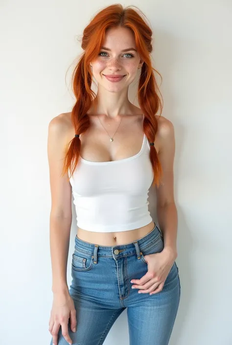 A dutch redhead girl with pigtails hair and small breasts standing, wearing blue jeans taking a realistic photo