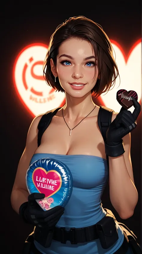 An Asian beauty with a wolf short haircut, inspired by the La Blue Girl style, dressed in an accurate and detailed Jill Valentine style. She is holding out a heart-shaped chocolate as a Valentine's gift, with a warm and charming smile. Her outfit features ...