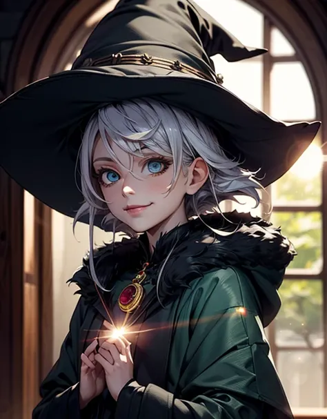 ((masterpiece)), ((best quality)), ((witch)), ((witch hat)), ((lens flare: 1.3)) cute technique, (depth of field, cinematic angle), pastel colors, cute, pretty colors, witch, witch hat, winter outfit, open robe, white hair, blue eyes, very beautiful, cute,...