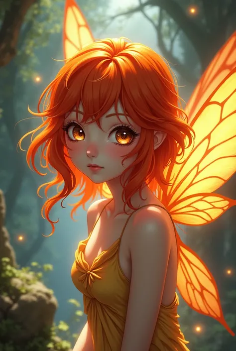 A fairy with fiery hair up to her shoulders and anime eyes