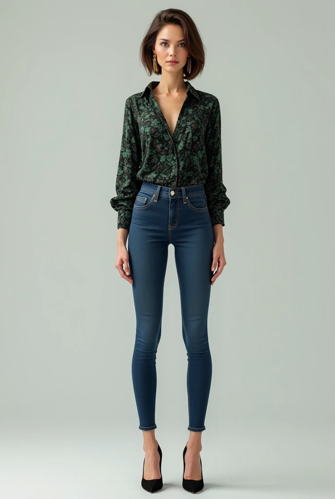 Ultra réaliste Cute and attractive woman, élégant, 40 years, Athletic, brown short straight hair, small breasts, skinny blue jean, black and green pattern skinny blouse, black Heels, gold earrings 