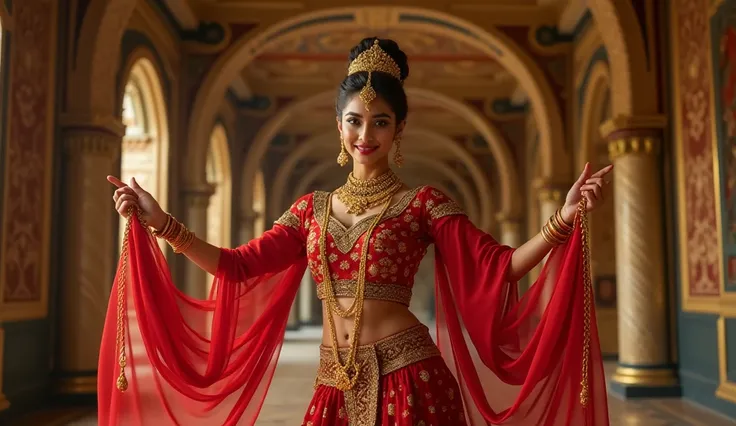 "An Indian female dancer in a luxurious palace, wearing a traditional red and gold embroidered outfit with intricate jewelry. The dancer strikes a graceful pose, holding golden chains with soft flowing fabric around her. The setting has warm lighting, orna...