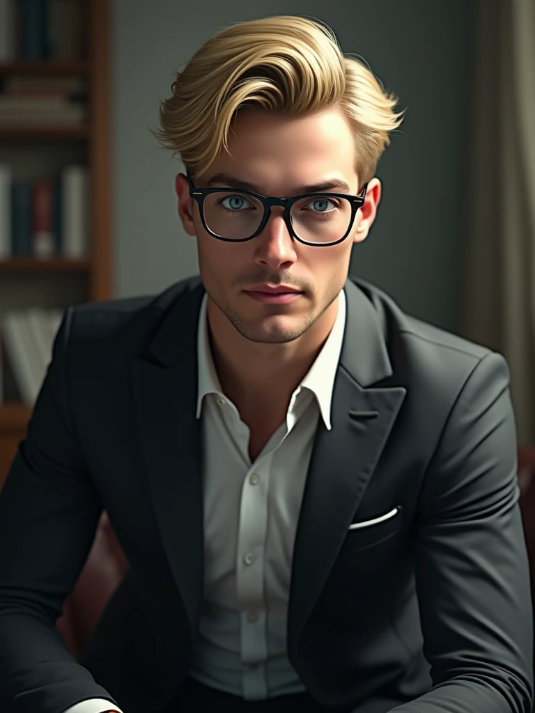 Blond adult male, blue eyes with dress and glasses 