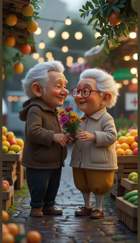 "A lovely old man and woman, In a 3D animated character style, They look at each other with love and tenderness. They both wear winter clothes: The old woman wears a beige coat, A brown scarf and round glasses, With his white hair tied in a bun. The old ma...