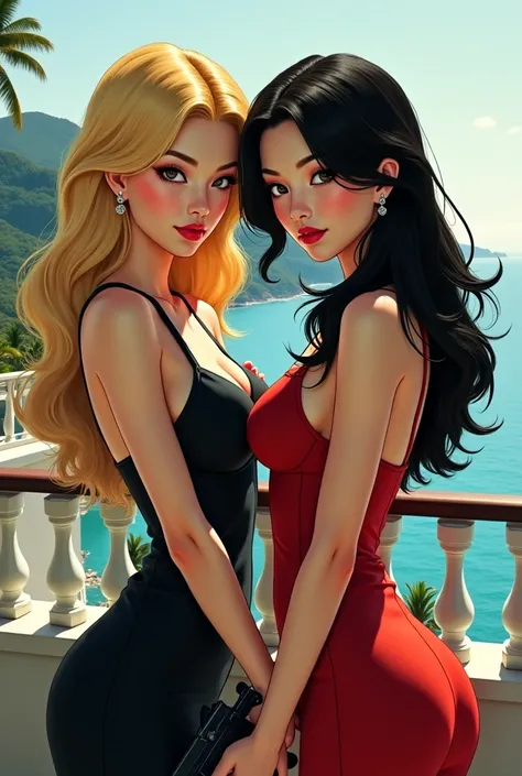 Back photo: Two beautiful Asian women, one with golden blonde hair, holding a sly smile, the other a beautiful woman with long black hair standing with a gun. The background is a seaside hotel.