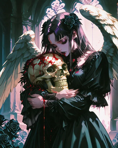 American plane, goth girl,, Skull on her face , black flowers in her hands, blood, hugging a skull, white wings , roses. bottom: cemetery , crows,