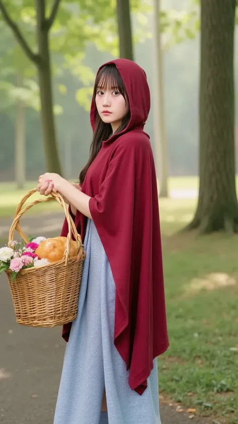 "A young girl with bright eyes and rosy cheeks, wearing a classic red hooded cape over a simple dress. She stands on a forest path holding a wicker basket filled with bread and flowers. The woods around her are both enchanting and slightly eerie, with soft...