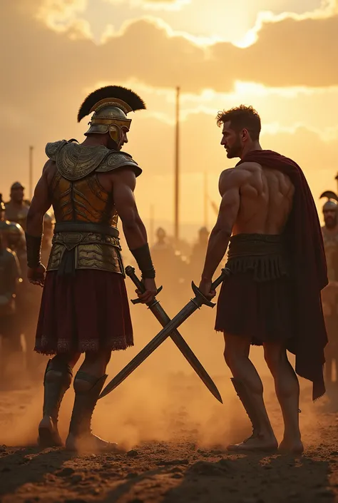 High realism, super quality, action photography style, ultra HD resolution, no fantasy, sci-fi or anime elements. Ancient Greece. The two greatest warriors on the battlefield ahead outside the gates of Troy. Achilles, with his golden armor scarred from man...