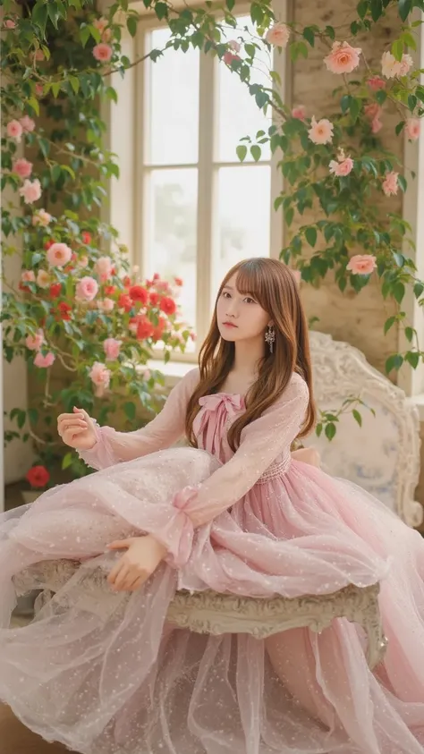 "A beautiful princess with golden hair, lying peacefully on an ornate, ivy-covered bed in an overgrown, enchanted castle. She wears a delicate, flowing gown in shades of pastel pink. Soft magical light surrounds her, with blooming roses and vines weaving t...